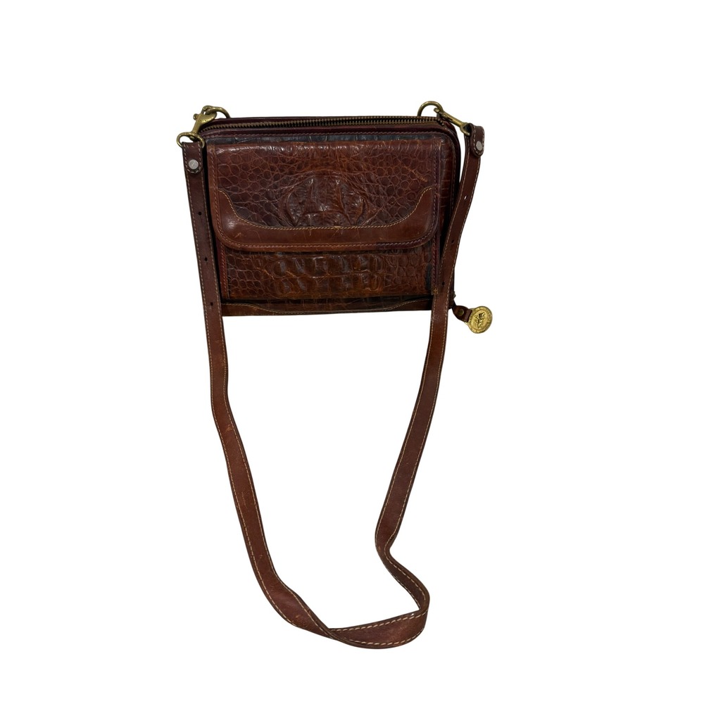 Vintage Brahmin Brown Croc Embossed Leather Crossbody Planner Organizer Bag